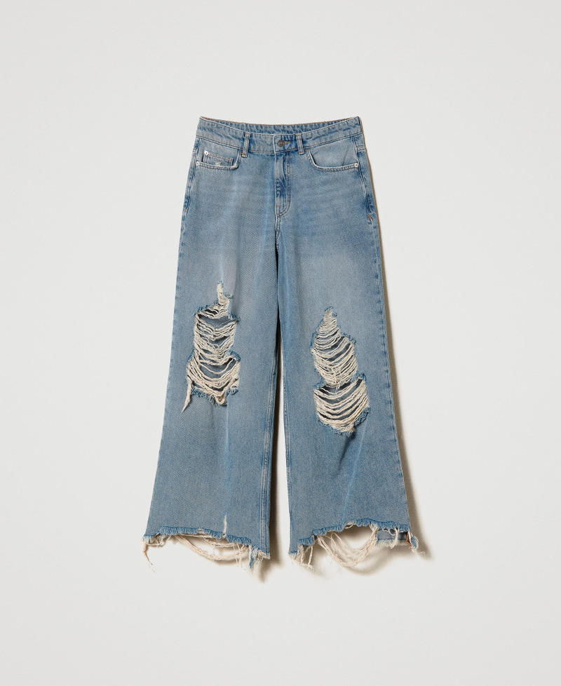 Ausgefranste Wide-Leg-Jeans Mittleres "Denimblau" Frau 241AT2210-0S