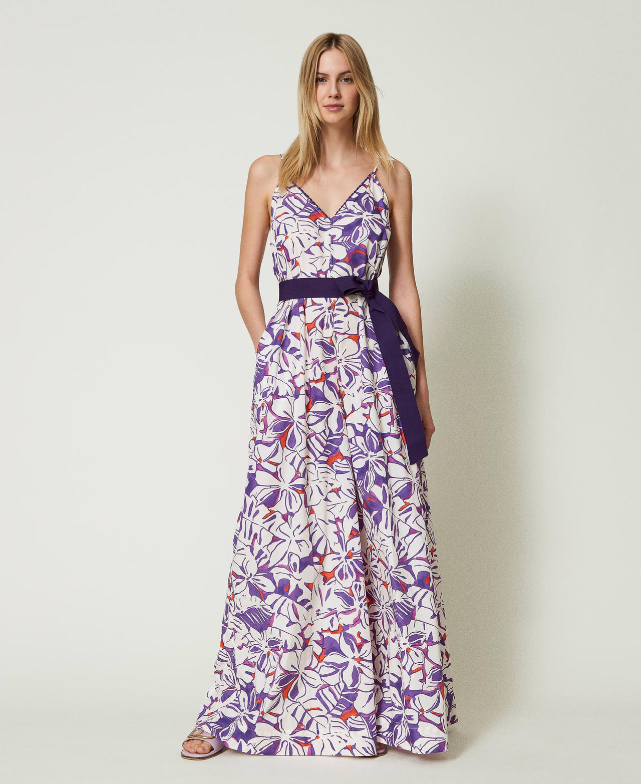 Long printed poplin jumpsuit