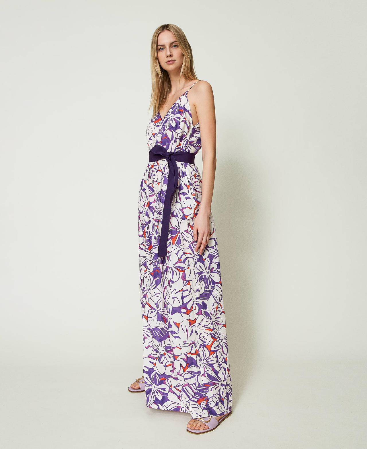 Long printed poplin jumpsuit