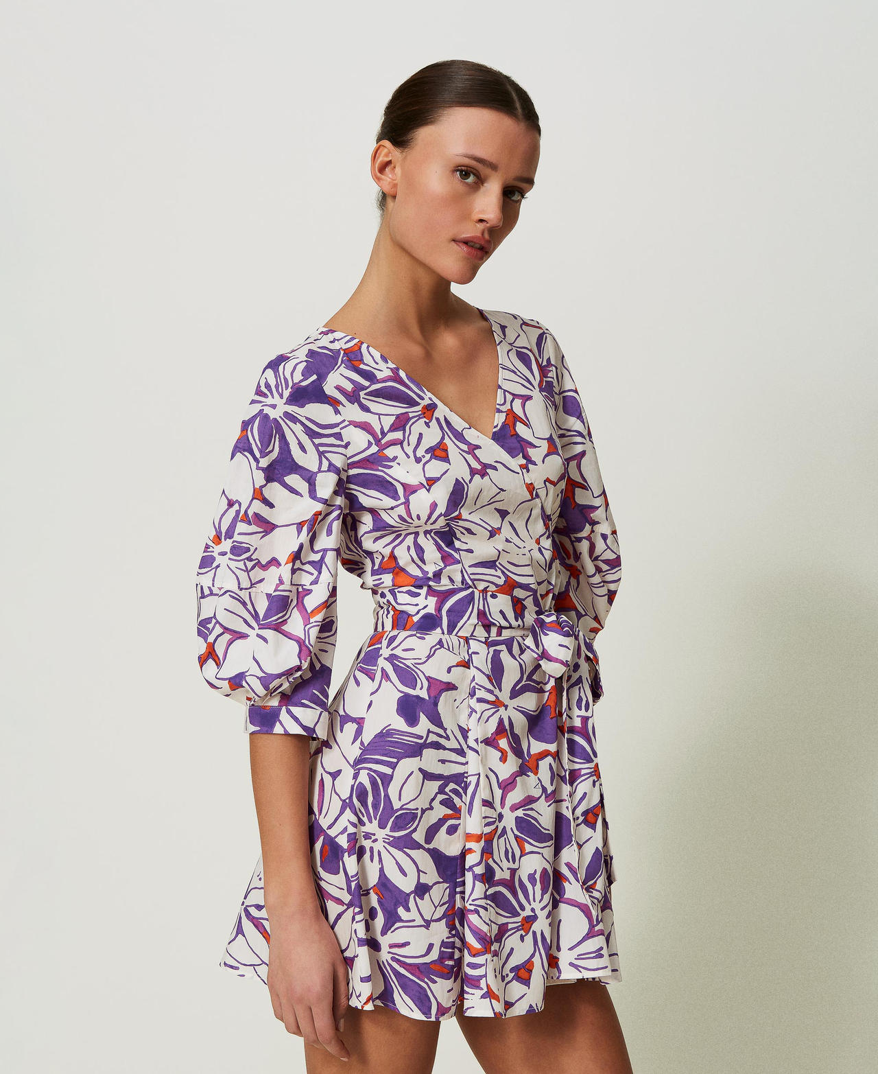 Short printed poplin dress Hawaiian Flower Print Woman 241AT2257-02