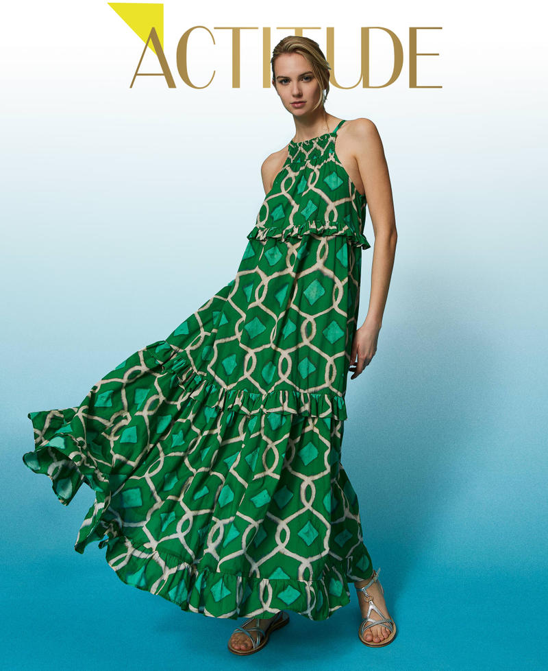 Robe longue en mousseline imprimée Imprimé Fern Green Tile Femme 241AT2260-01