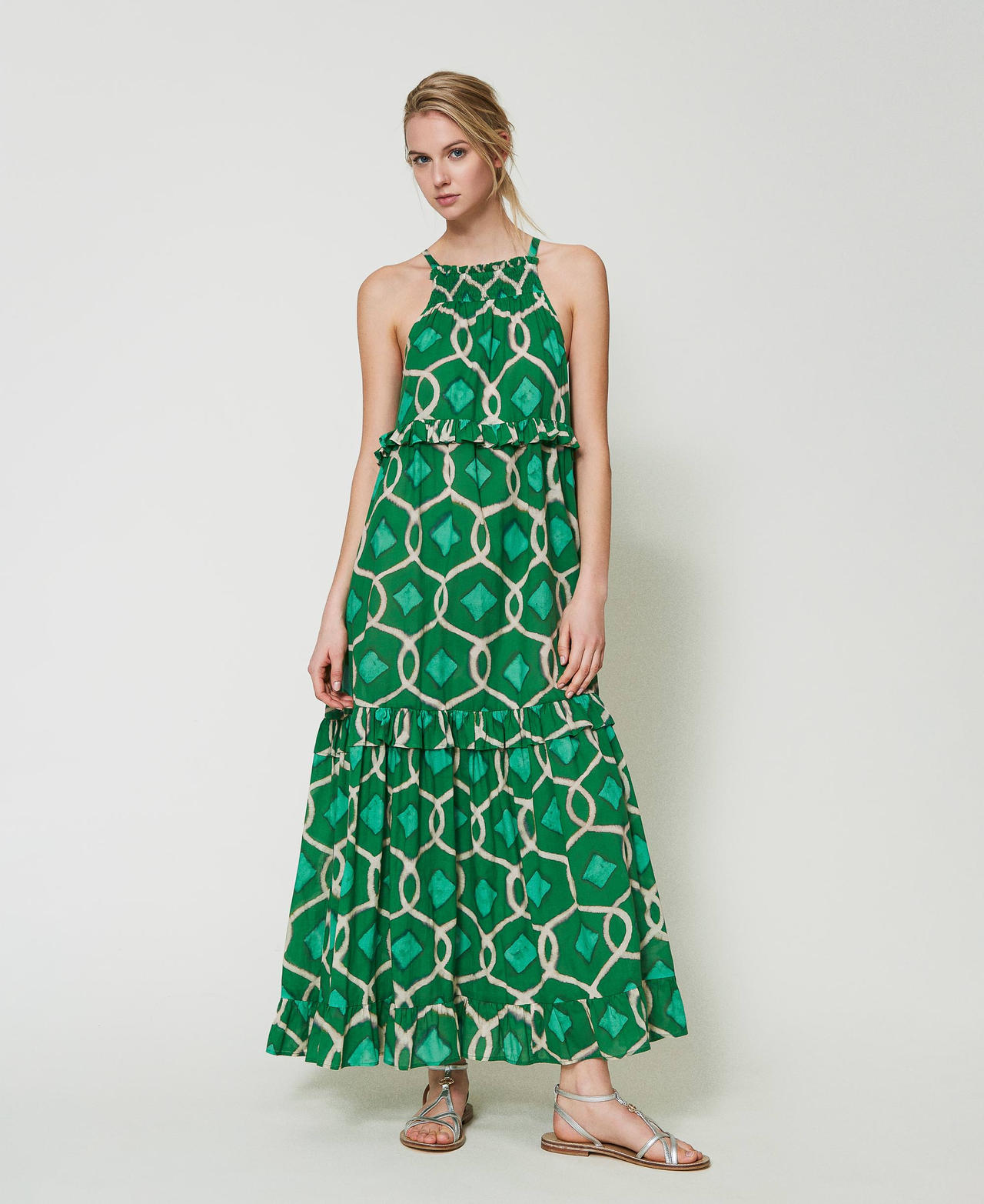 Maxikleid aus bedrucktem Musselin Print Fern Green Tile Frau 241AT2260-02