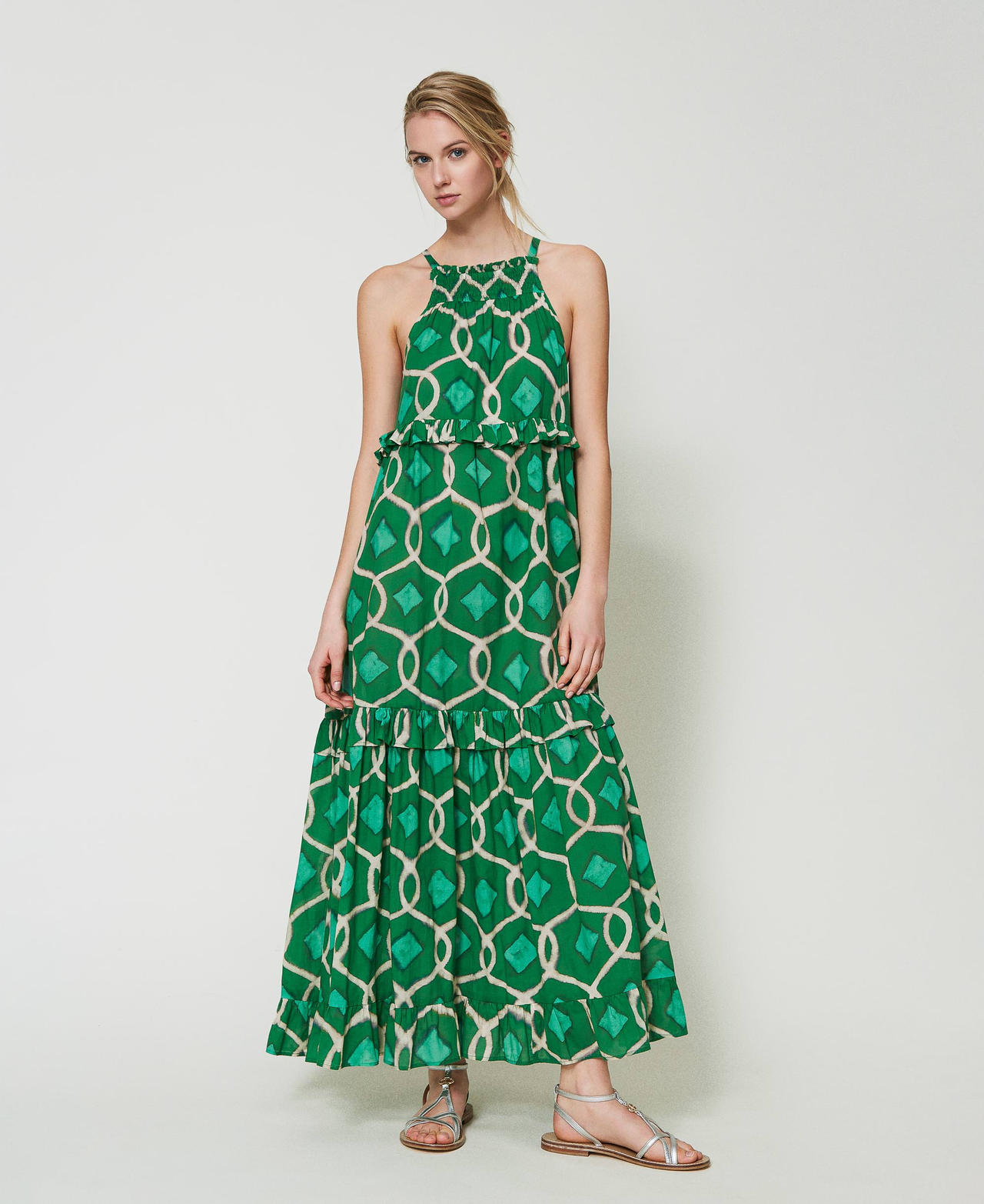 Длинное платье из набивного муслина Принт Зеленый Папоротник Черепица женщина 241AT2260-02