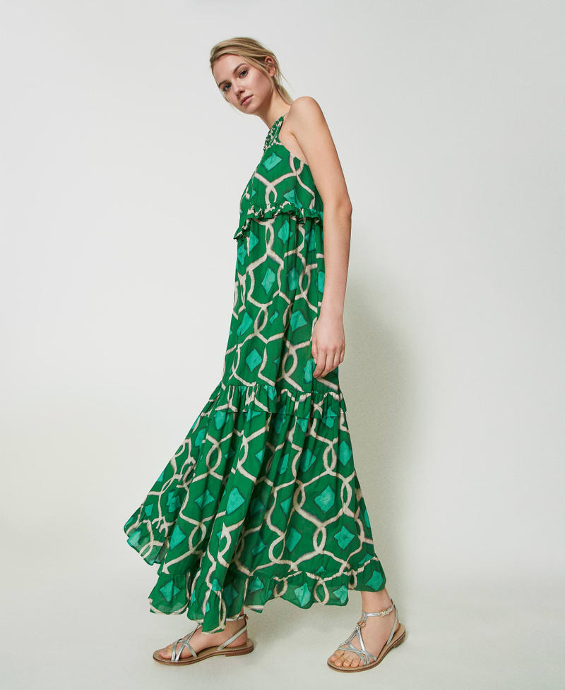 Длинное платье из набивного муслина Принт Зеленый Папоротник Черепица женщина 241AT2260-03