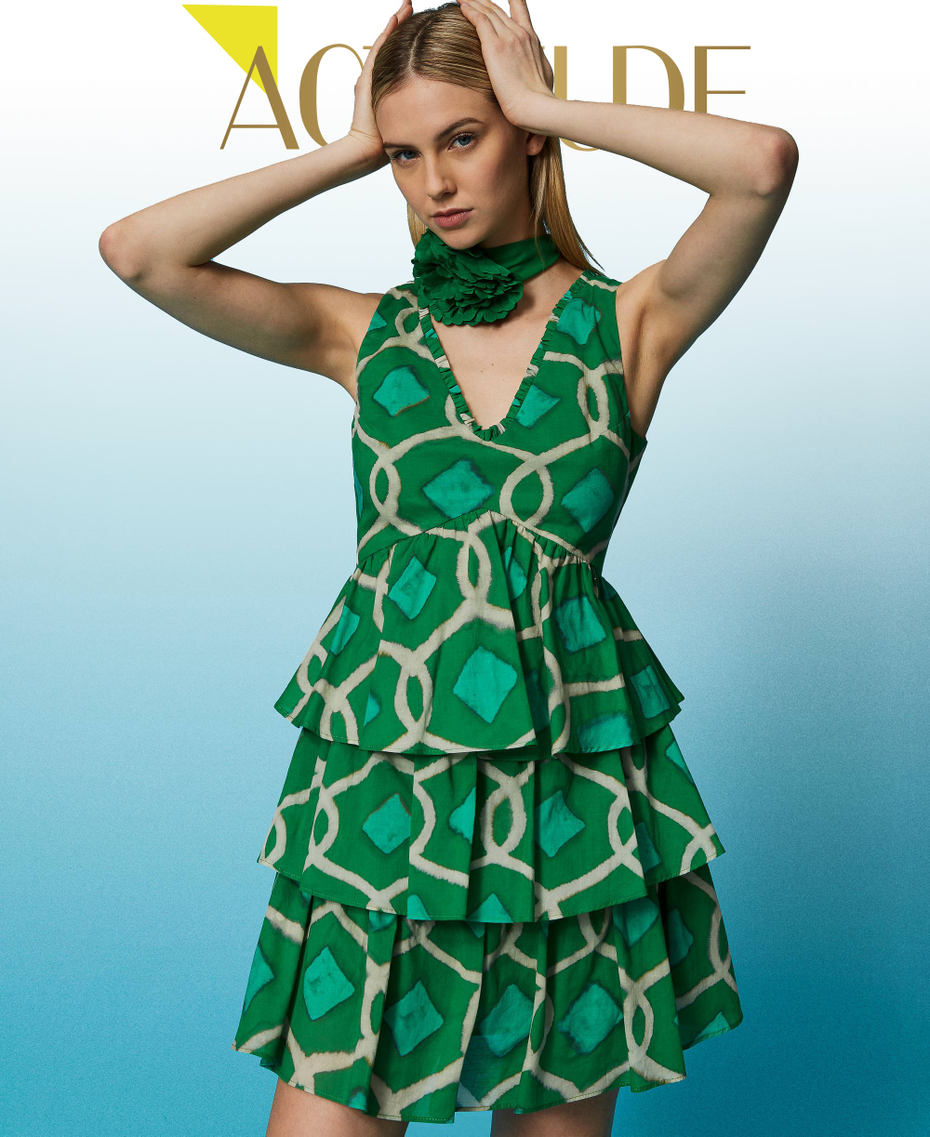 Short printed muslin dress Fern Green Tile Print Woman 241AT2262-01