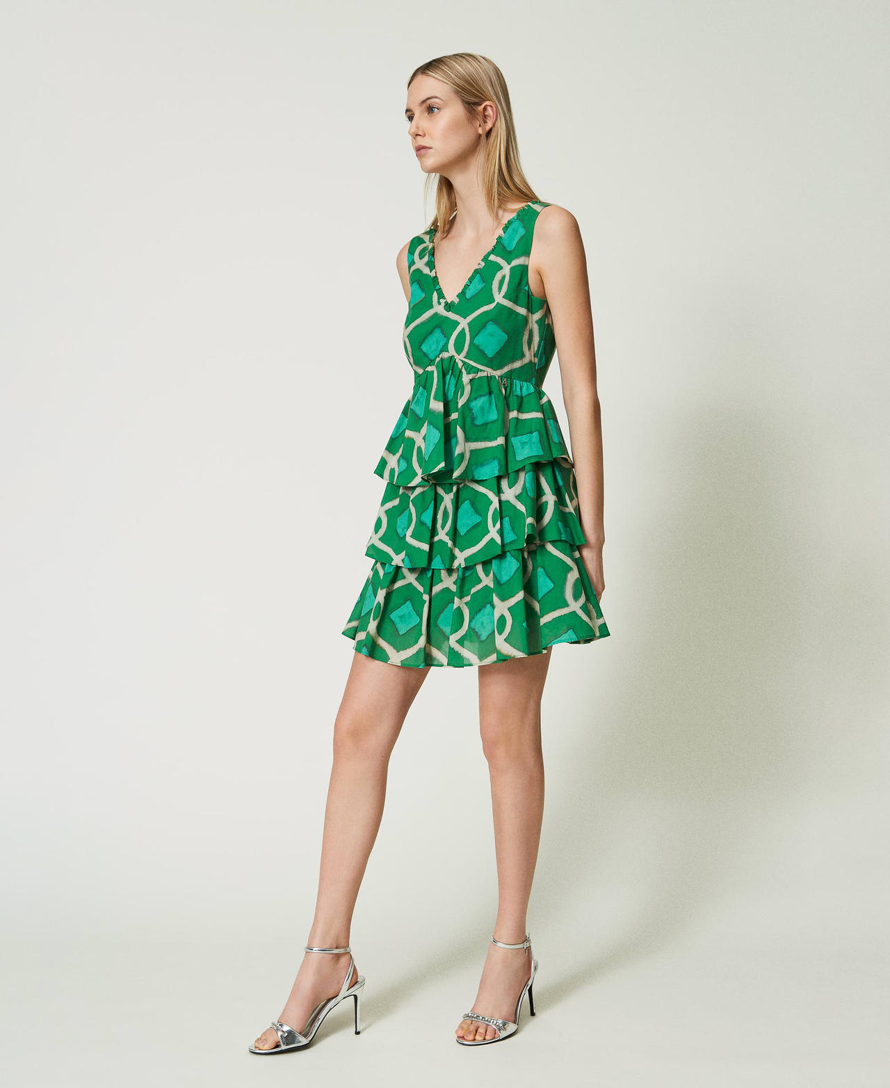 Короткое платье из набивного муслина Принт Зеленый Папоротник Черепица женщина 241AT2262-02