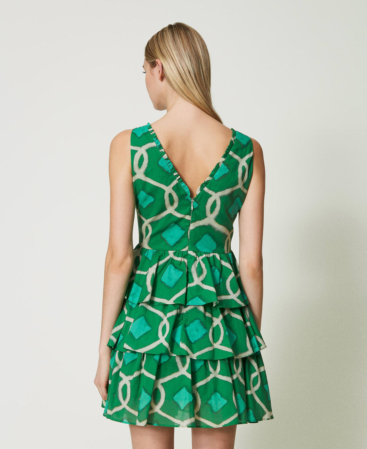 Короткое платье из набивного муслина Принт Зеленый Папоротник Черепица женщина 241AT2262-03