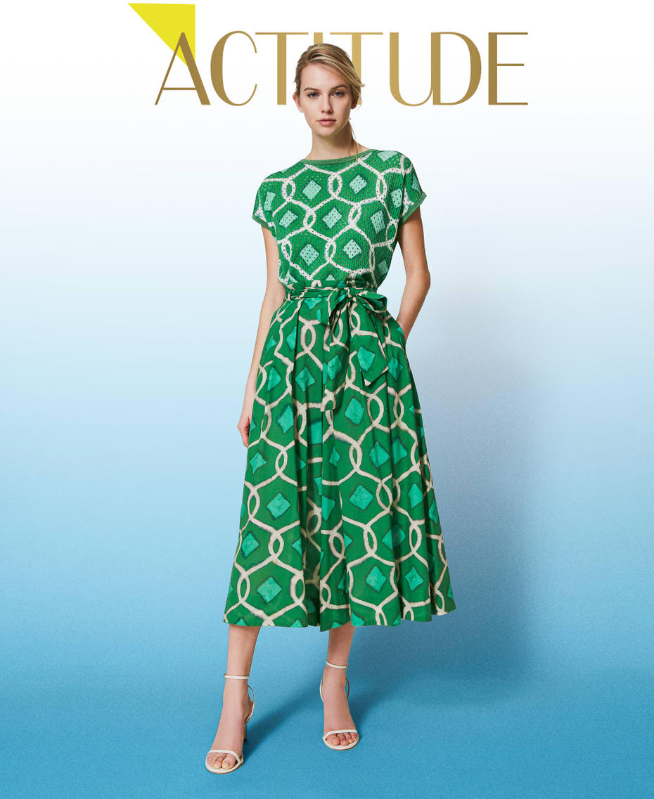 Printed muslin trouser-skirt Fern Green Tile Print Woman 241AT2263-01