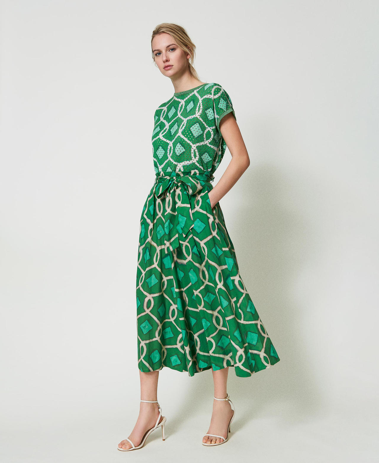 Printed muslin trouser-skirt Fern Green Tile Print Woman 241AT2263-02