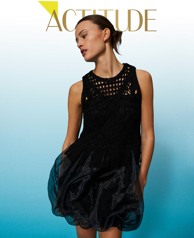 Short embroidered knit and organza dress