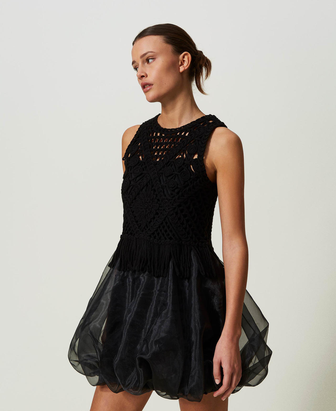 Short embroidered knit and organza dress