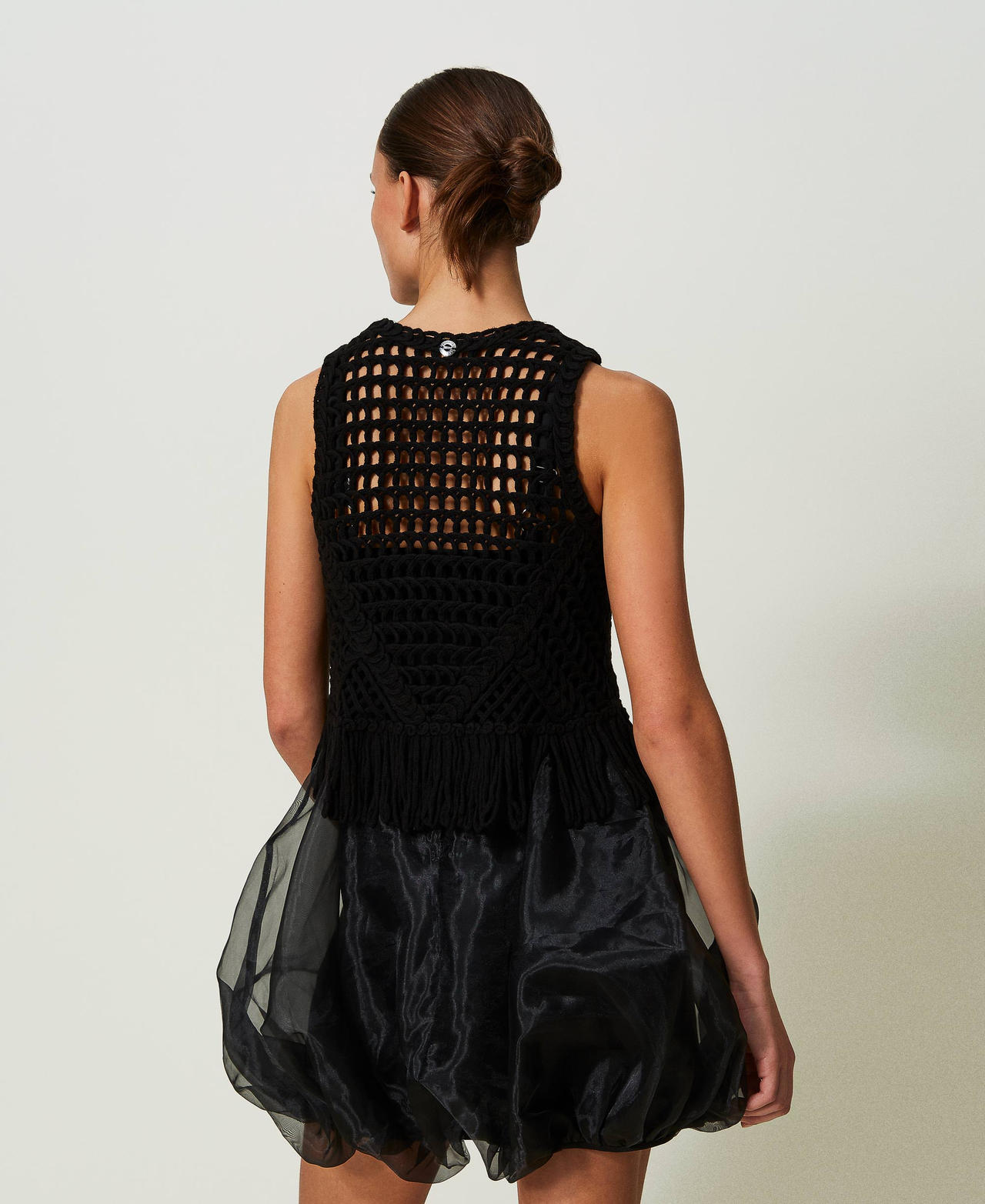 Short embroidered knit and organza dress