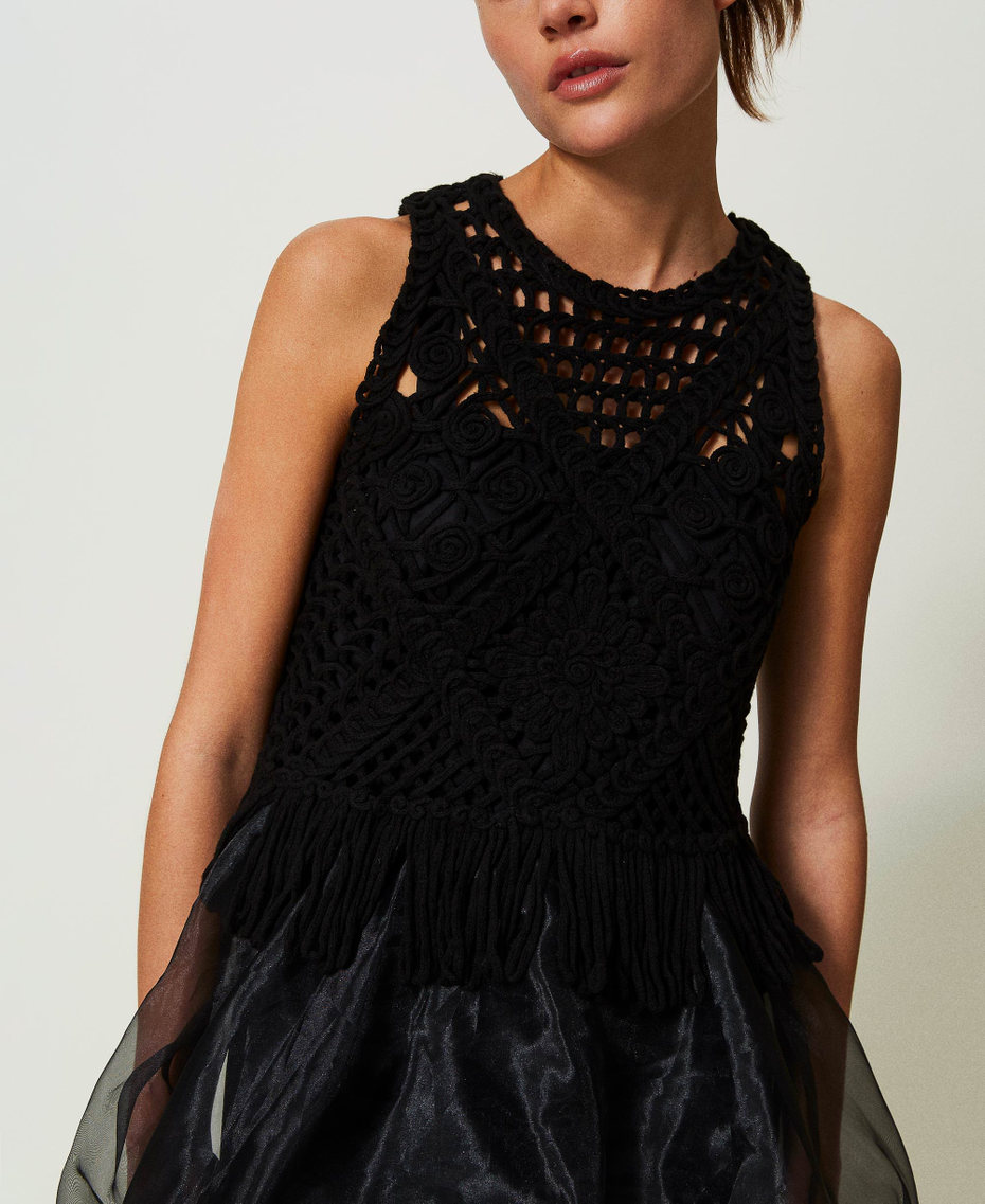 Short embroidered knit and organza dress
