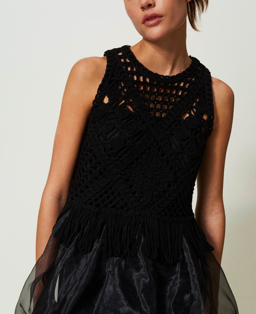 Short embroidered knit and organza dress
