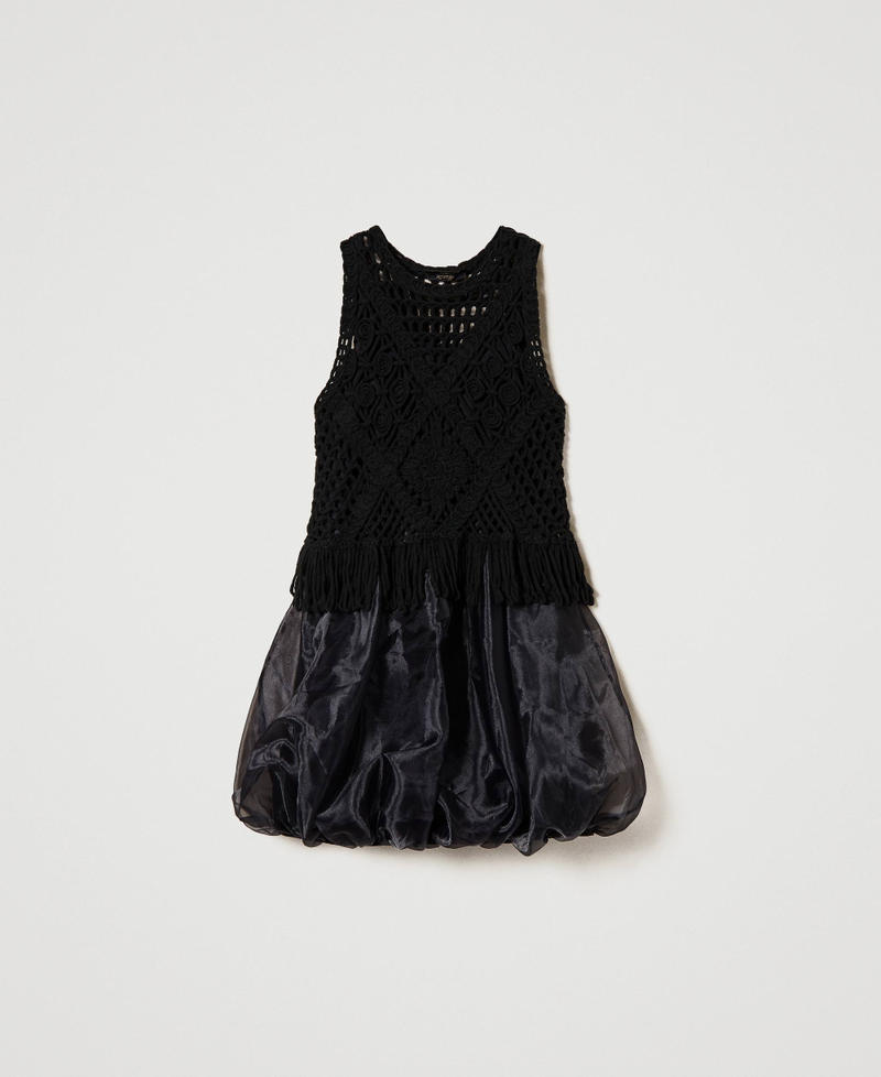 Short embroidered knit and organza dress