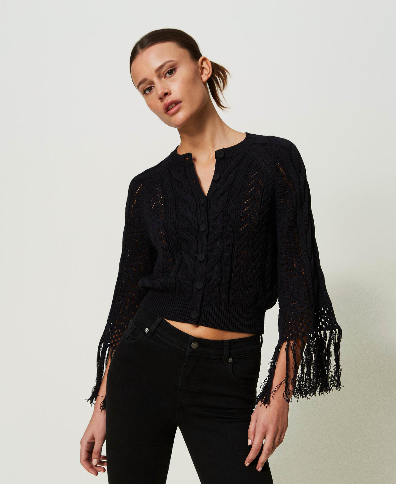 Cardigan en maille avec franges Noir Femme 241AT3021-02