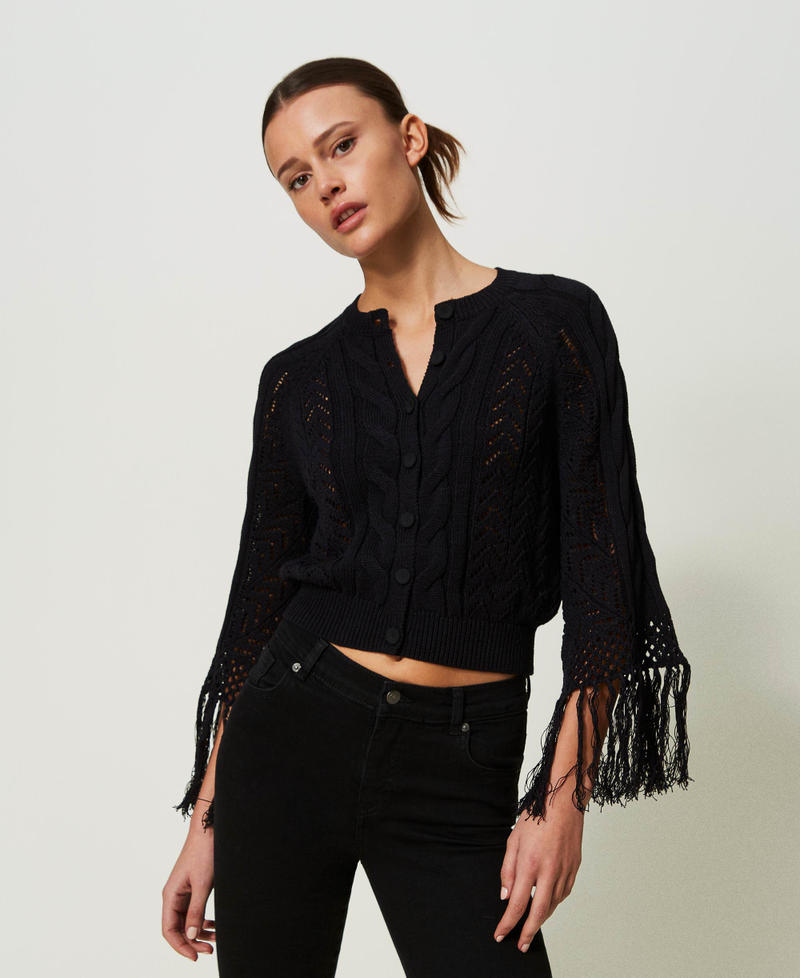 Knit cardigan with fringes Black Woman 241AT3021-02