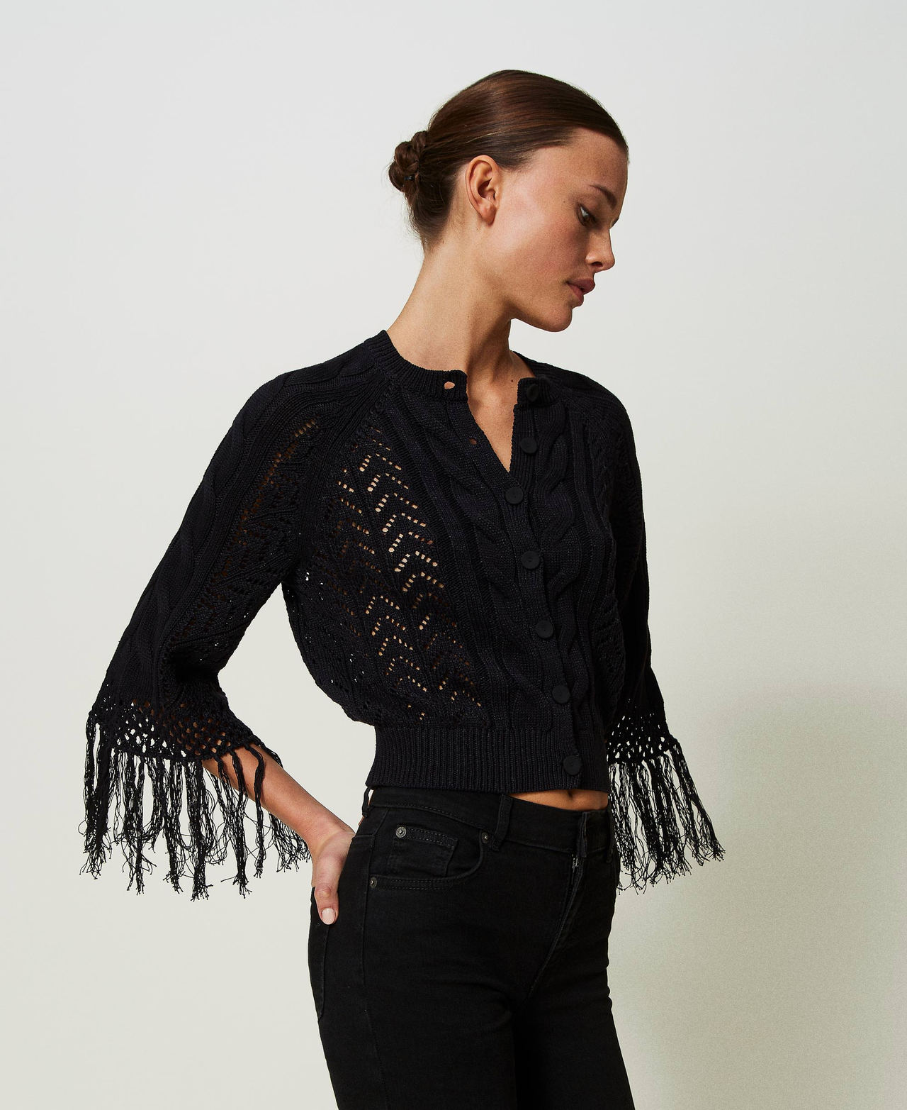 Knit cardigan with fringes Black Woman 241AT3021-03