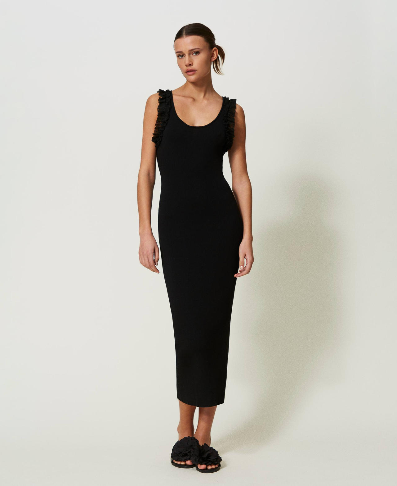 Fitted ribbed long dress with ruffles Black Woman 241AT3041_00006_02