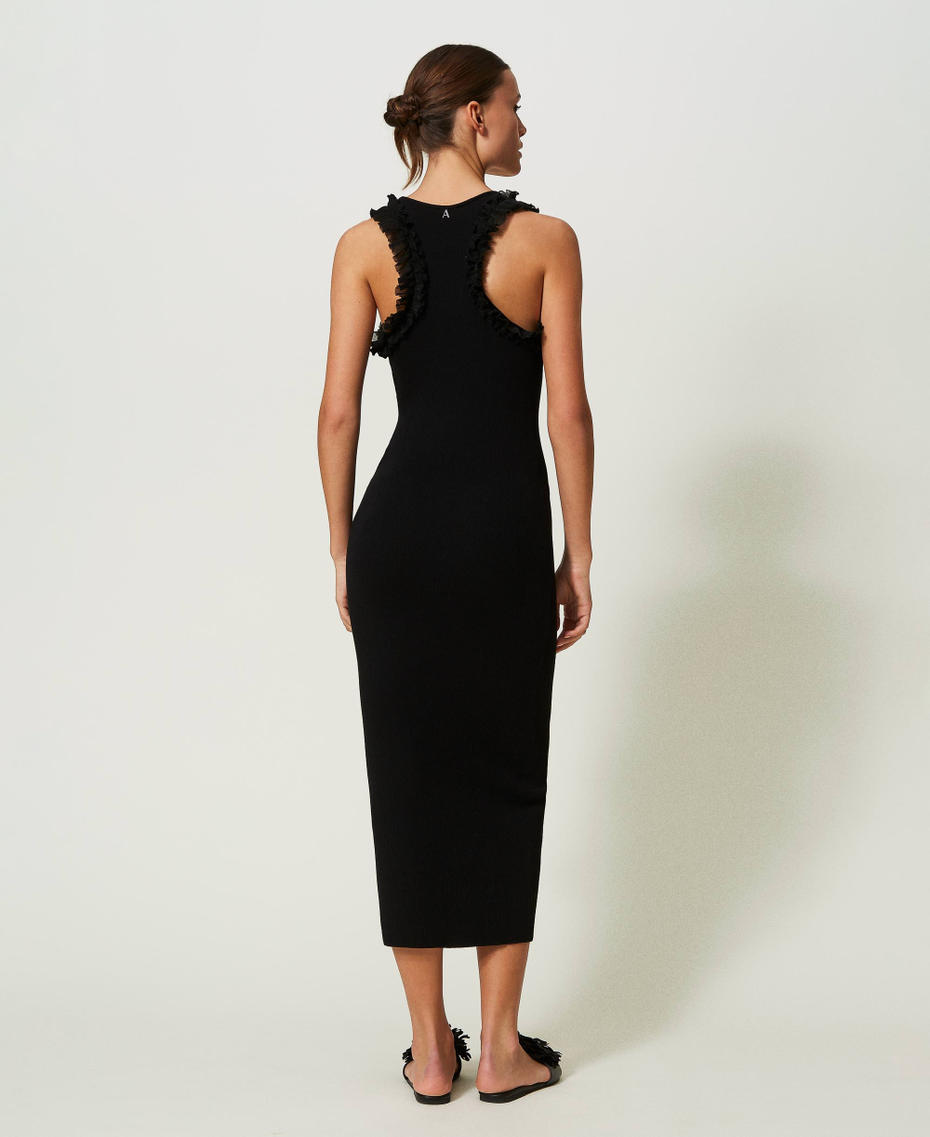 Fitted ribbed long dress with ruffles Black Woman 241AT3041_00006_04