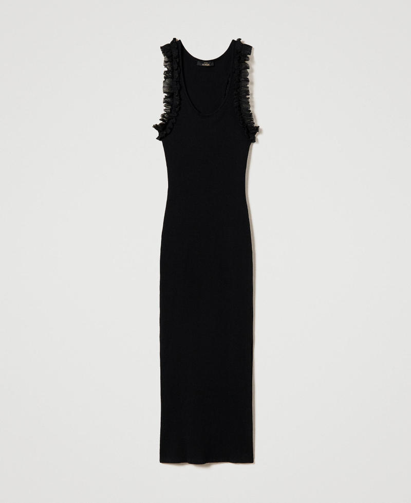 Fitted ribbed long dress with ruffles Black Woman 241AT3041_00006_0S