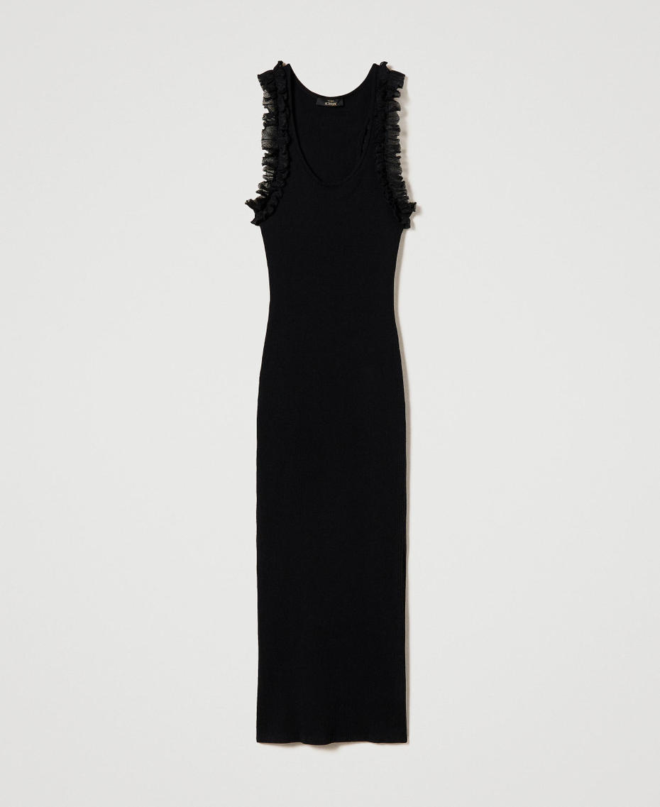 Fitted ribbed long dress with ruffles