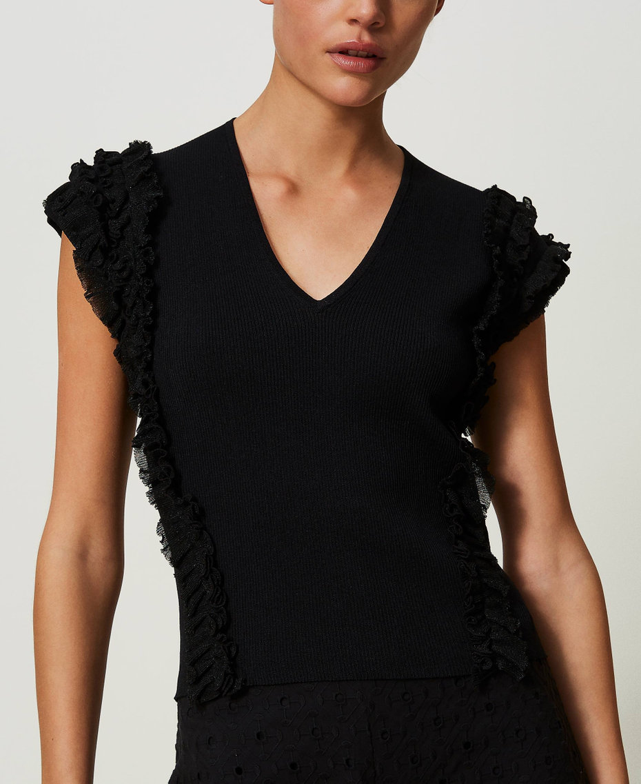 Fitted ribbed top with ruffles Black Woman 241AT3042-04
