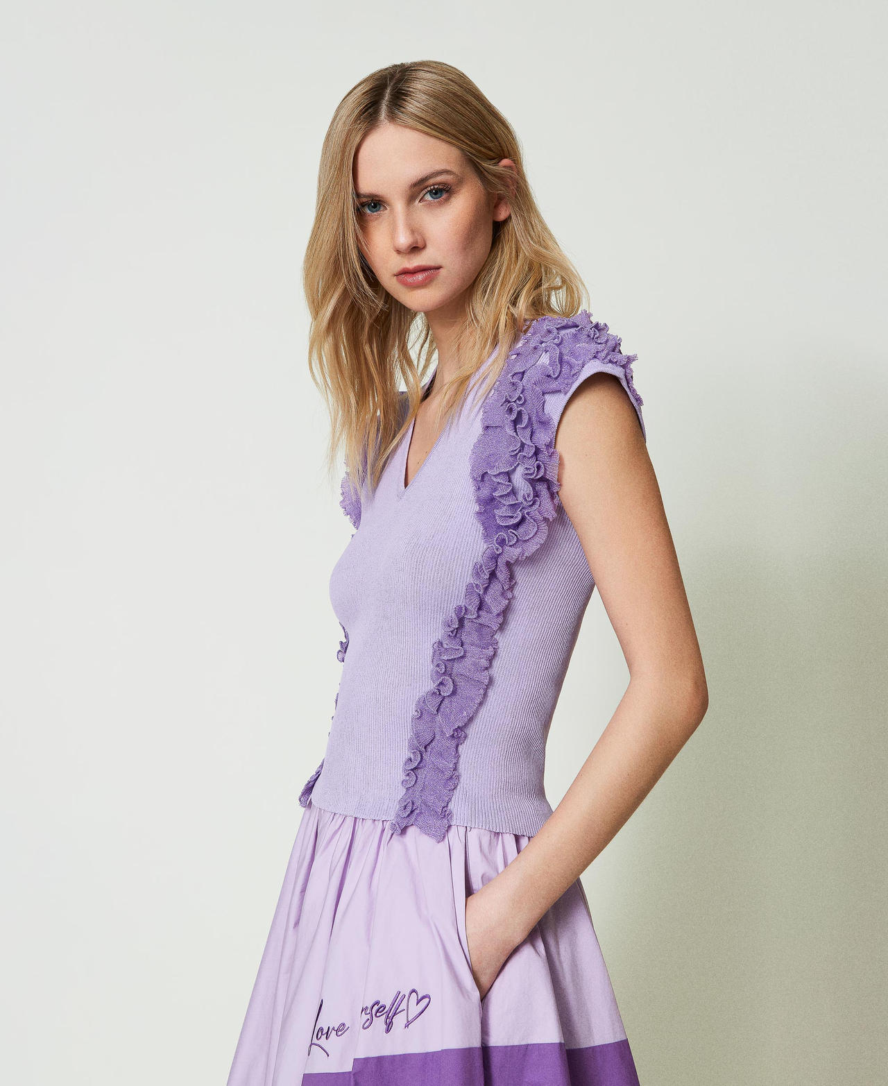 Fitted ribbed top with ruffles "Lavendula&rdquo; Purple Woman 241AT3042_10782_03