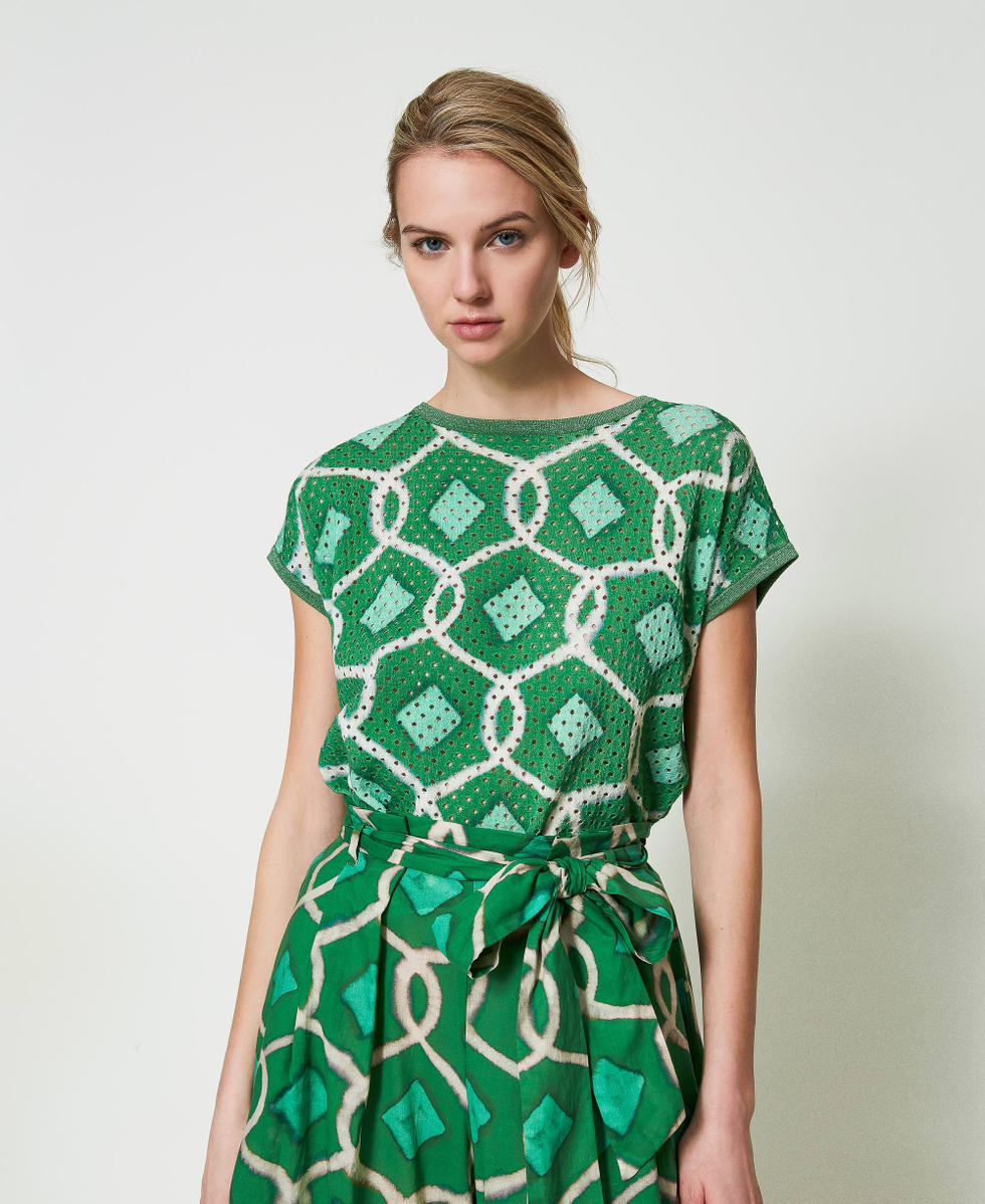 Printed boxy jumper Fern Green Tile Print Woman 241AT3100_11548_02
