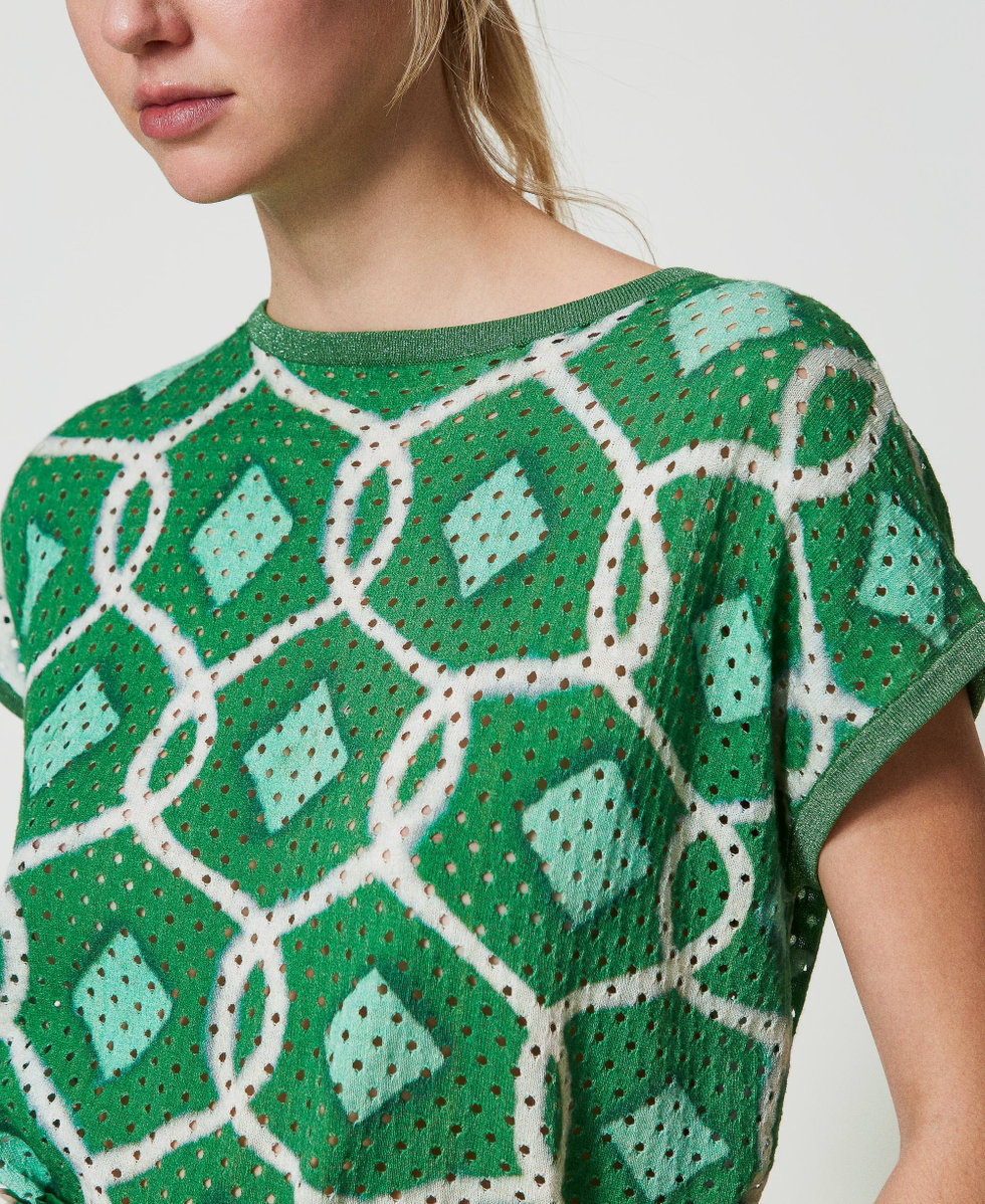 Printed boxy jumper Fern Green Tile Print Woman 241AT3100_11548_05