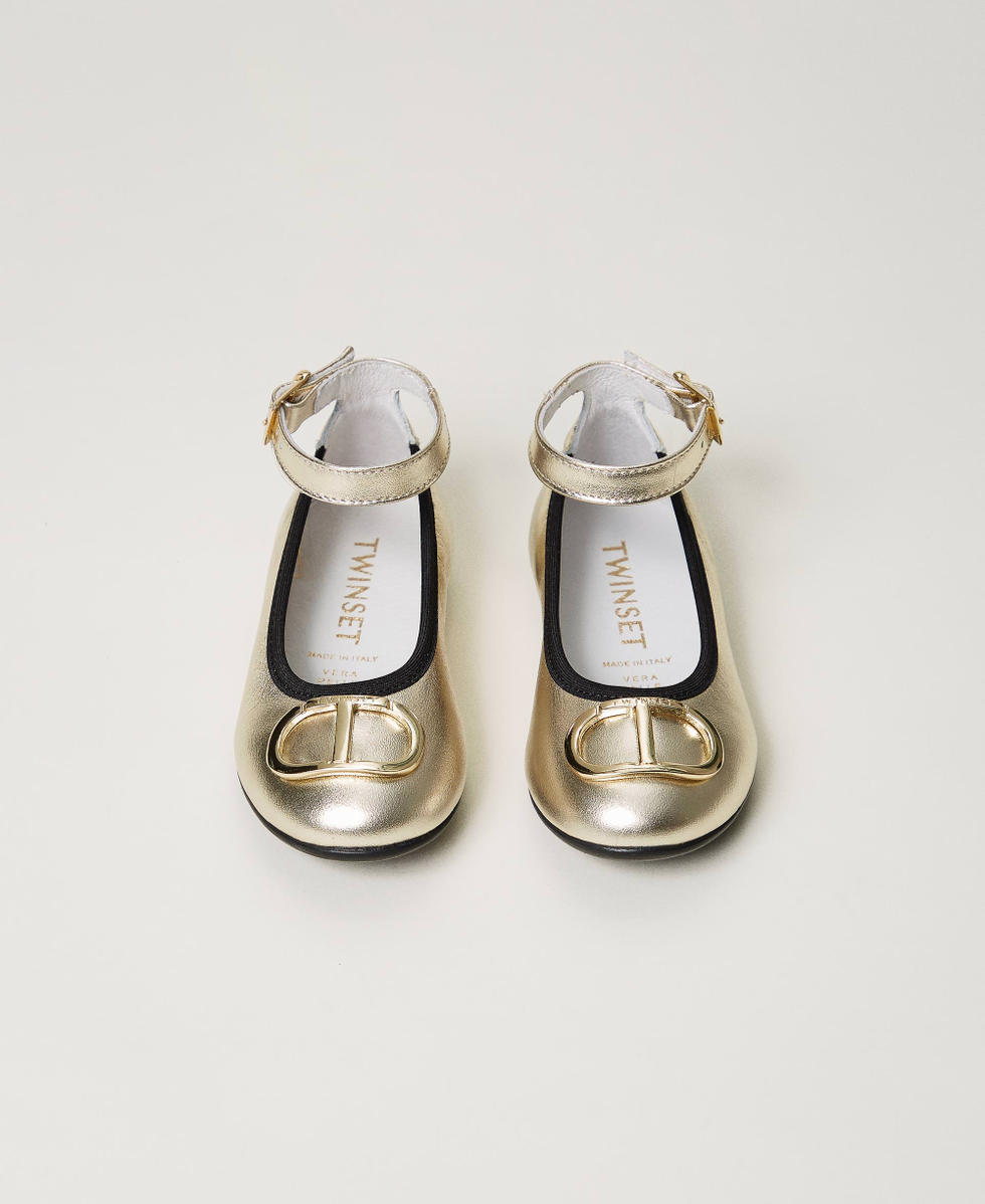 Leather baby ballerina shoes with Oval T Girl Silver TWINSET Milano