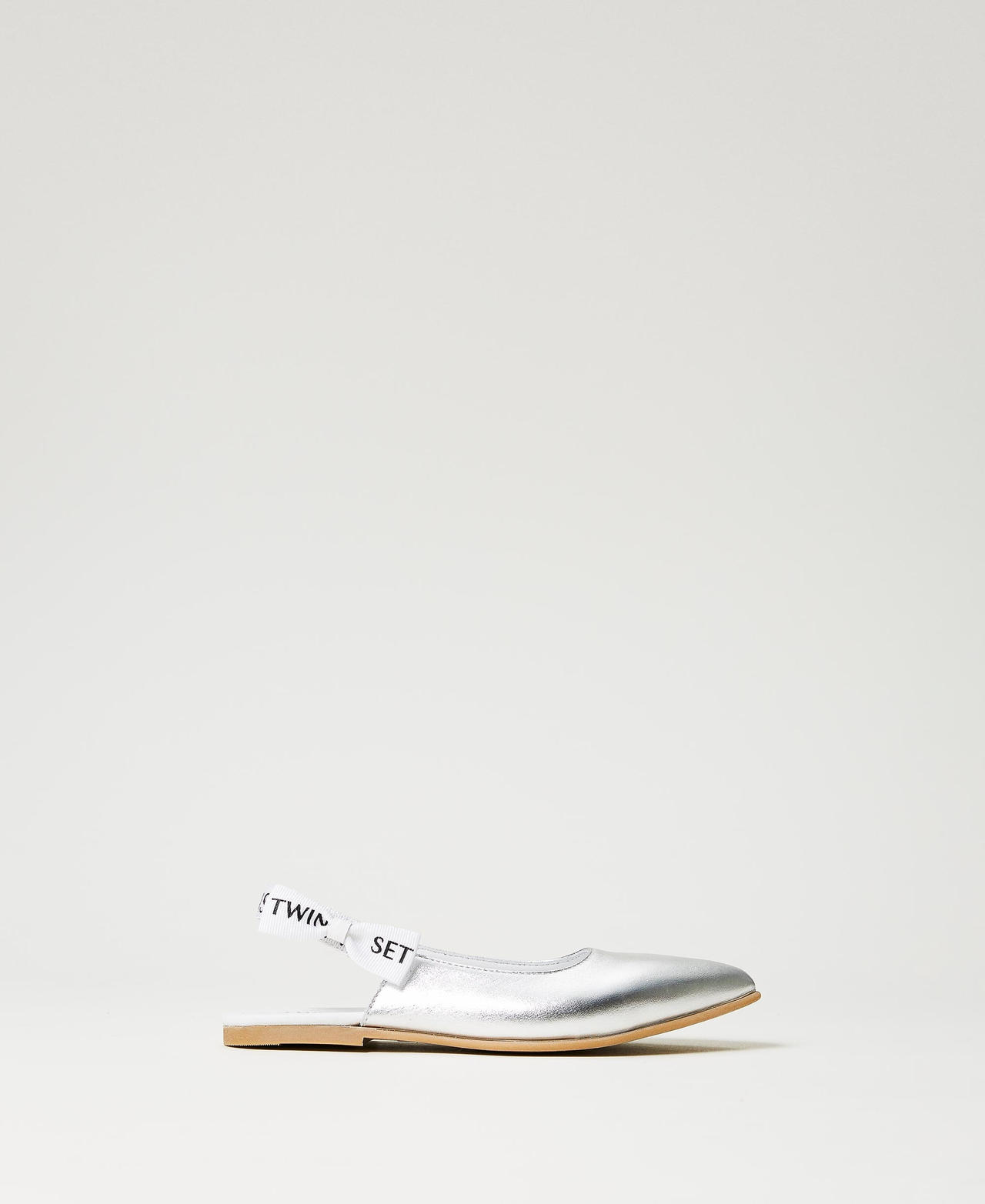 Leather sling back ballerina shoes with logo Girl, Silver