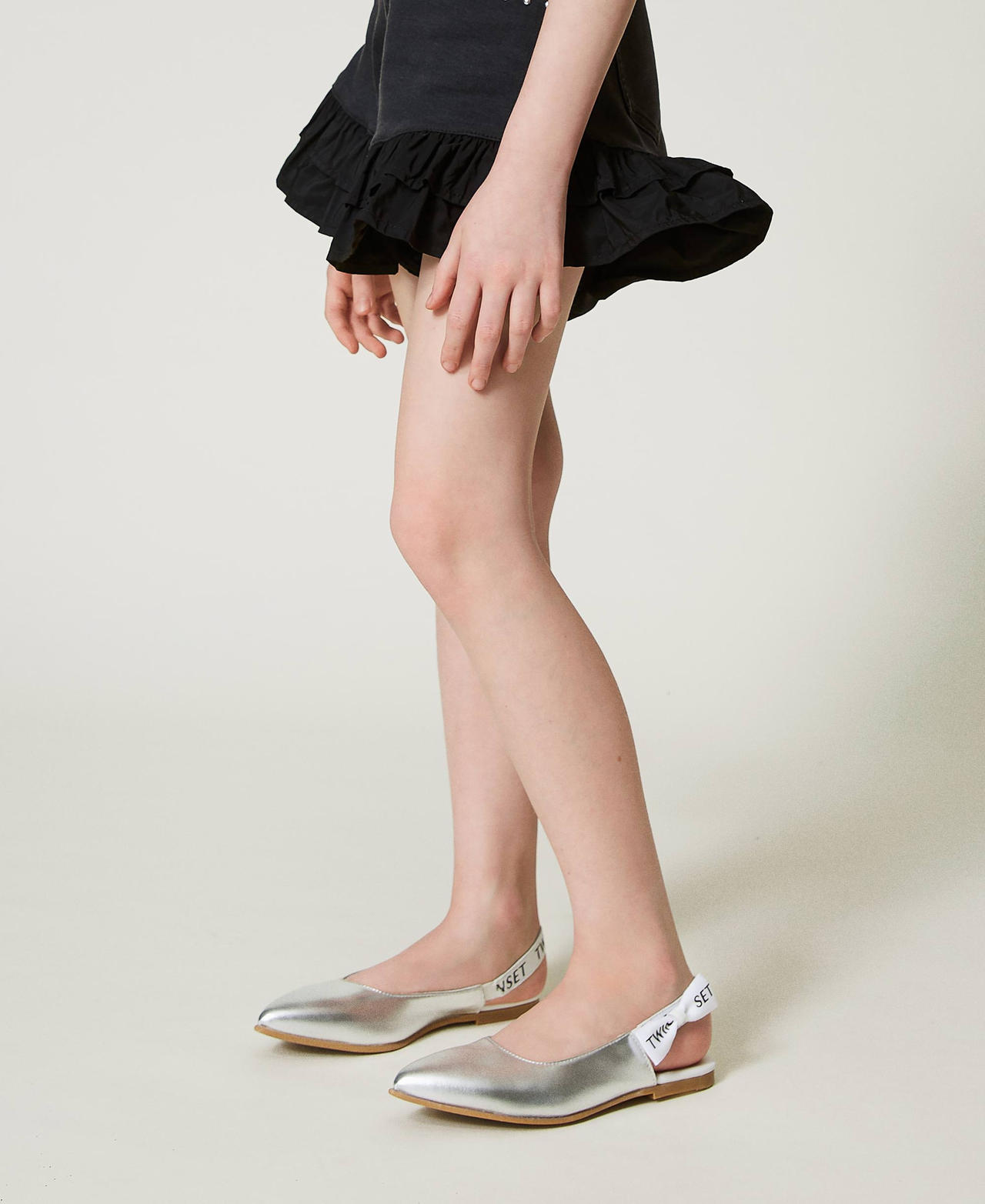 Slingback-Ballerina aus Leder mit Logo Lucent White Mädchen 241GCJ022-0S