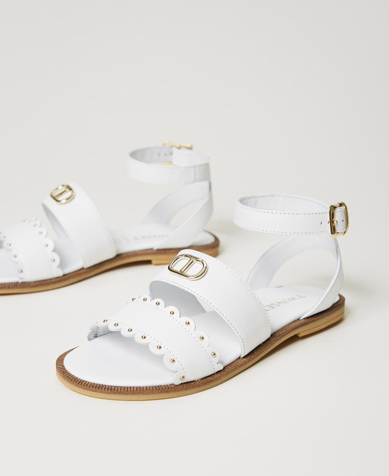 Leather sandals with Oval T Girl White TWINSET Milano