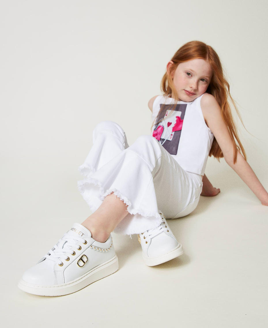 Leather trainers with Oval T "Lucent White" Girl 241GCJ052-0S
