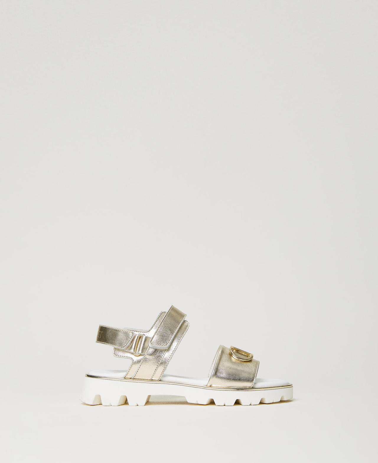 Laminated leather sandals with Oval T Girl, Silver | TWINSET Milano