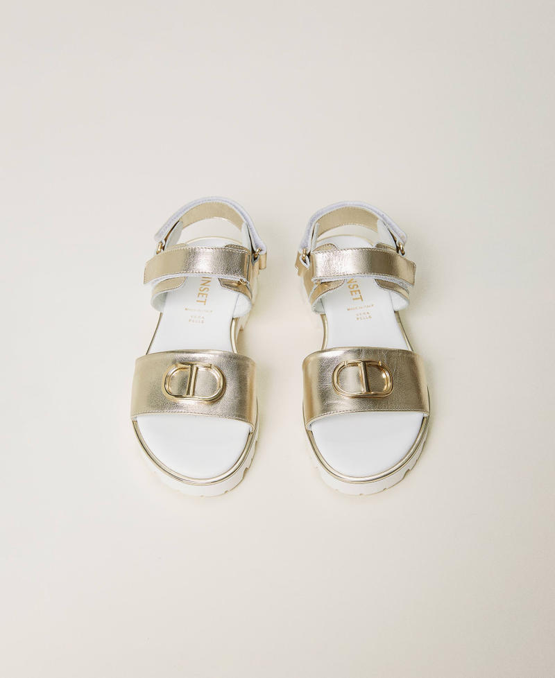 Laminated leather sandals with Oval T Platinum Girl 241GCJ064-04