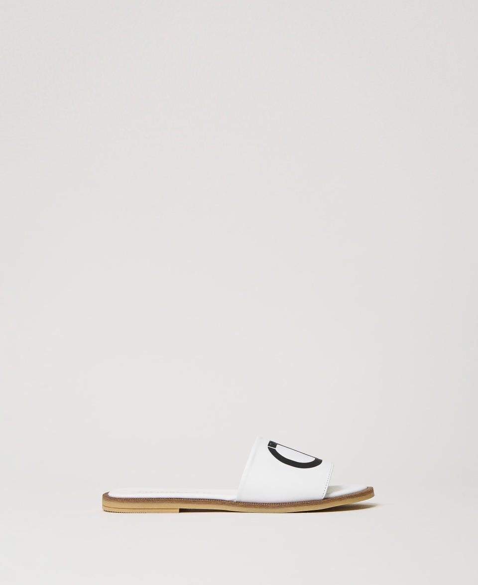 Leather slides with Oval T "Lucent White" Girl 241GCJ072_11271_01