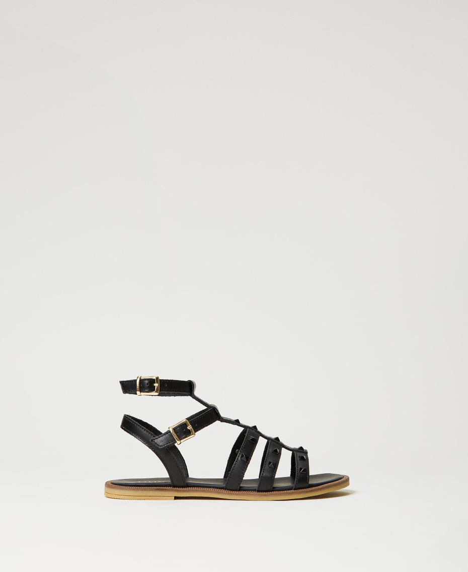 Leather sandals with studs Black Girl 241GCJ080-01
