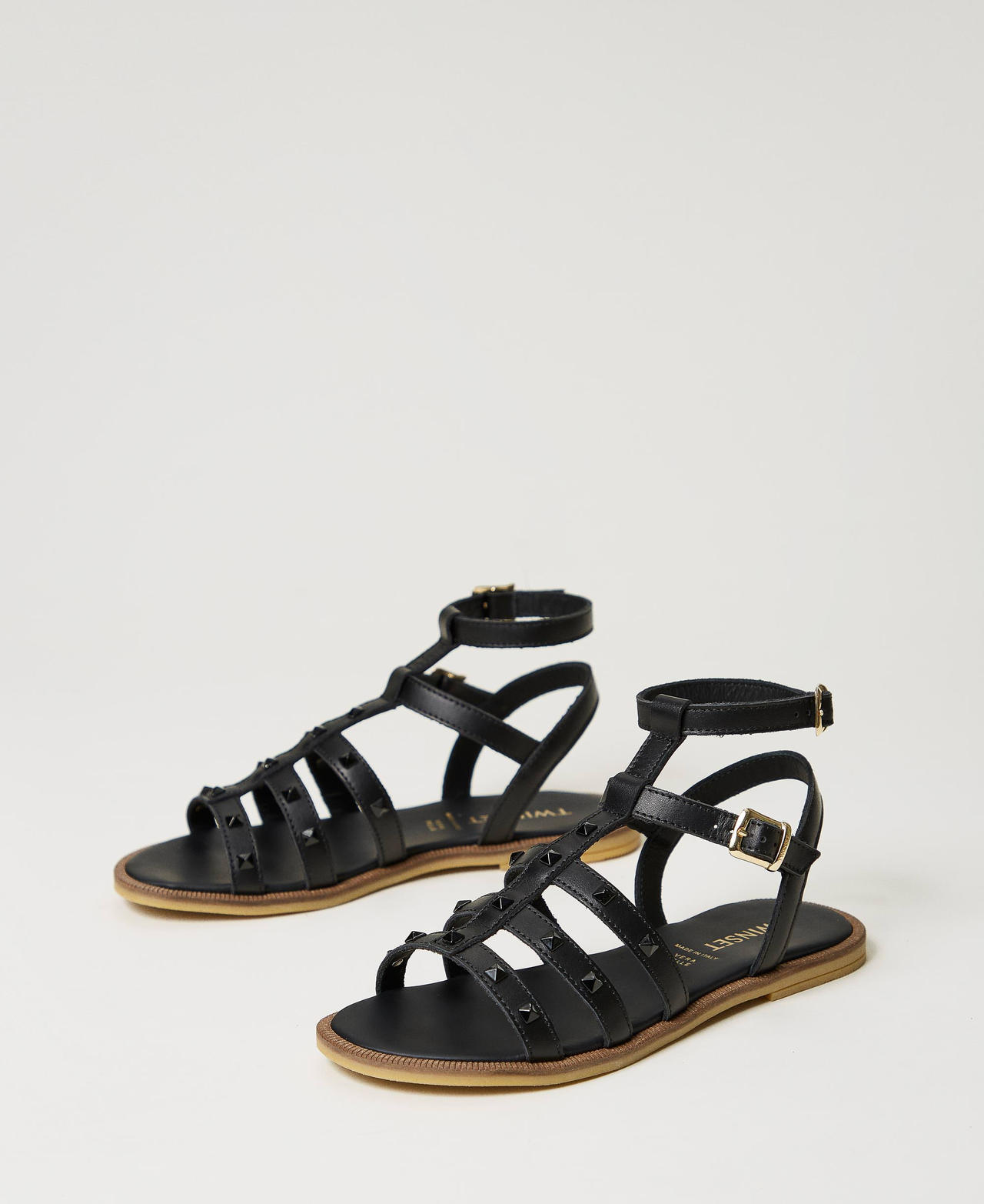 Leather sandals with studs Black Girl 241GCJ080-02