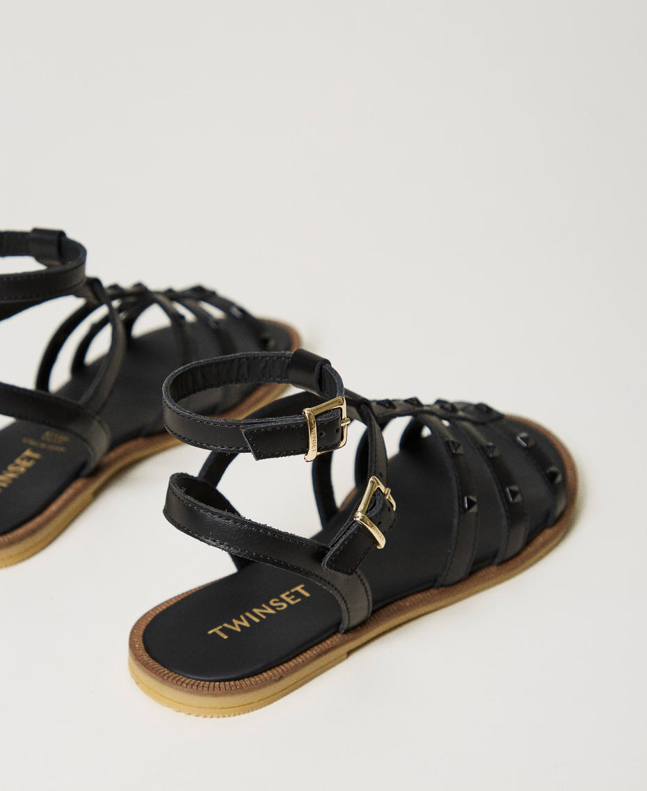 Leather sandals with studs Black Girl 241GCJ080-03
