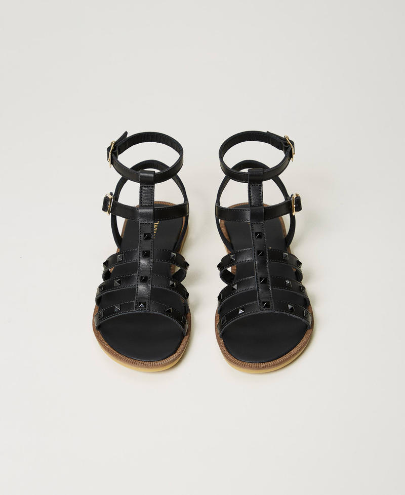 Leather sandals with studs Black Girl 241GCJ080-04