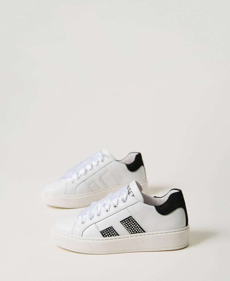 Sneakers in pelle con strass Bicolor Bianco "Lucent White" / Nero Bambina 241GCJ100-02
