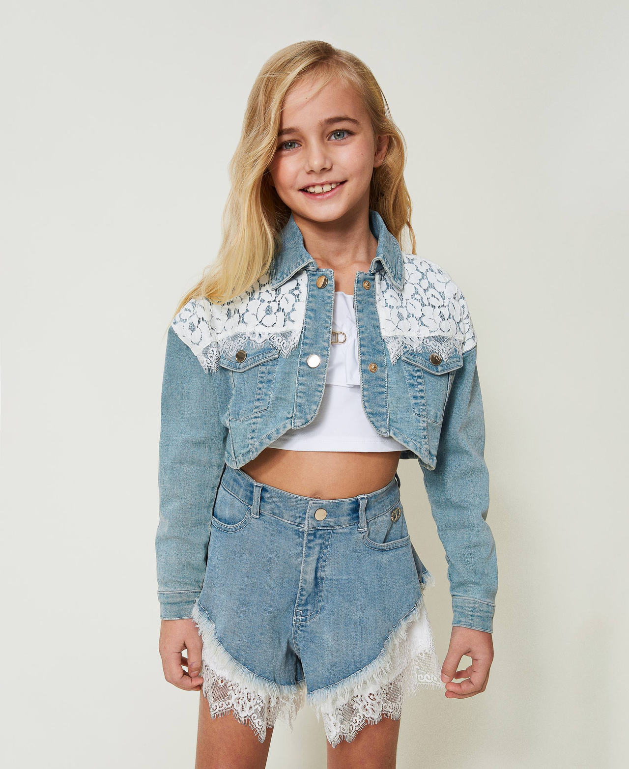 Denim jacket with lace Girl, Light blue | TWINSET Milano