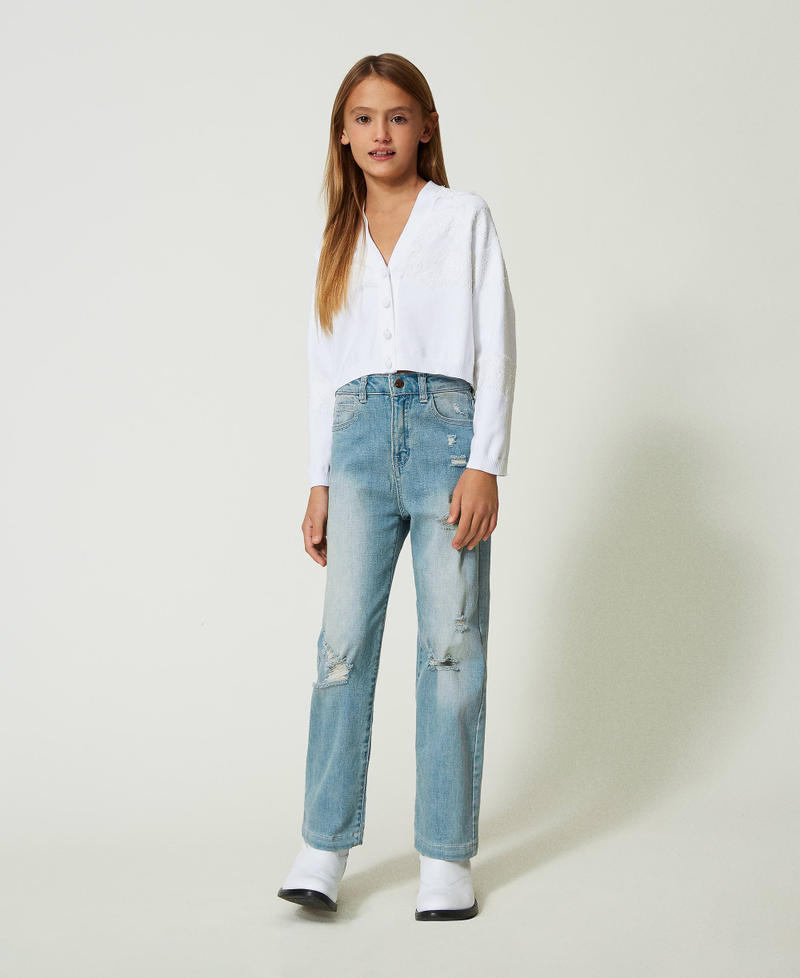 Wide leg jeans with rips Light Blue Denim Girl 241GJ2051-01