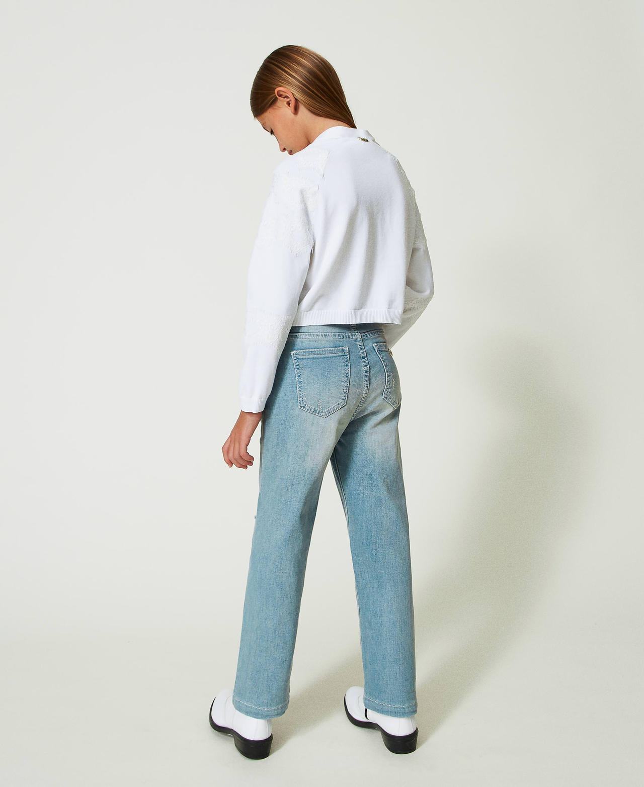 Wide leg jeans with rips Light Blue Denim Girl 241GJ2051-03
