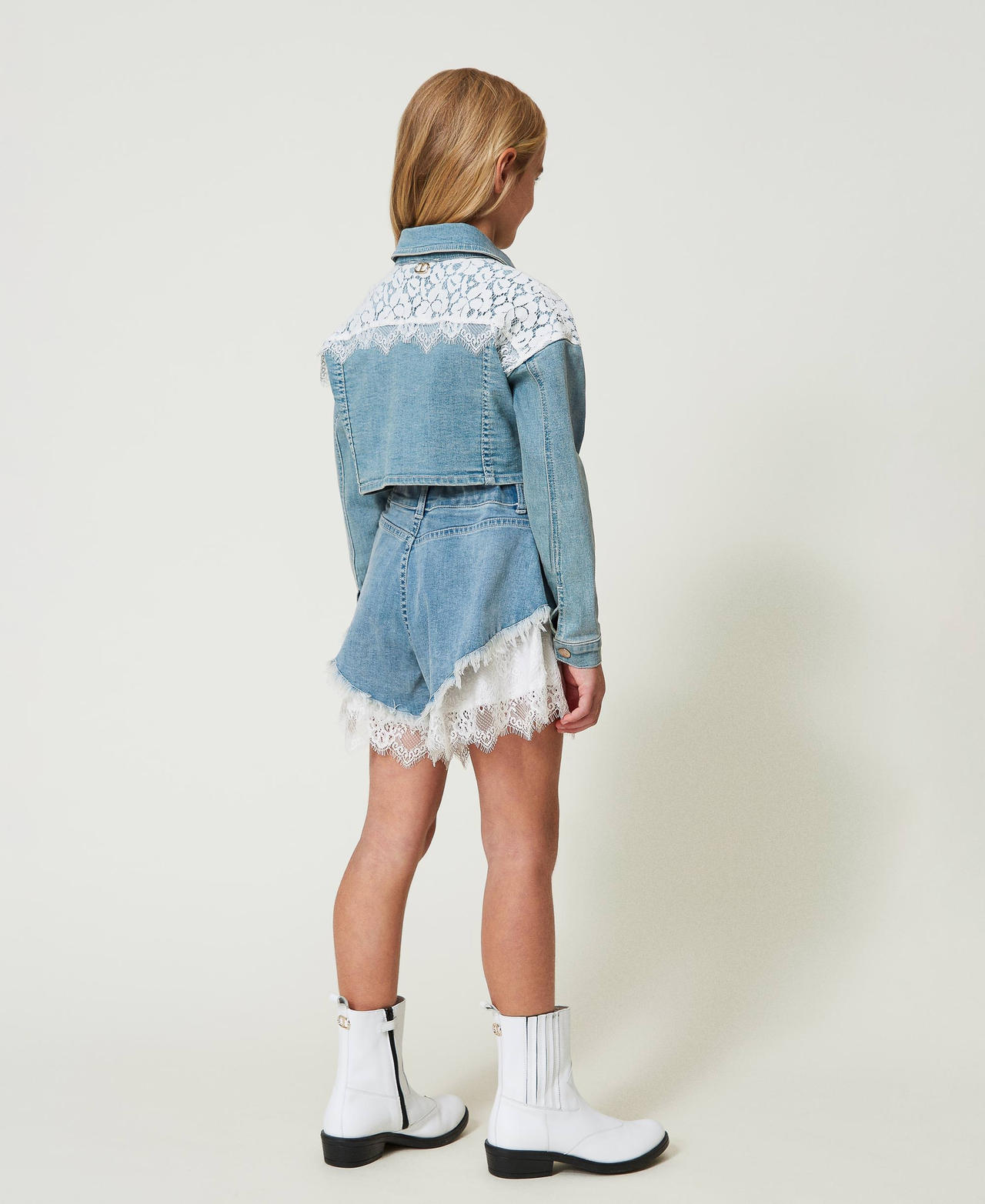 Denim shorts with lace flounces Light Blue Denim Girl 241GJ2052-03