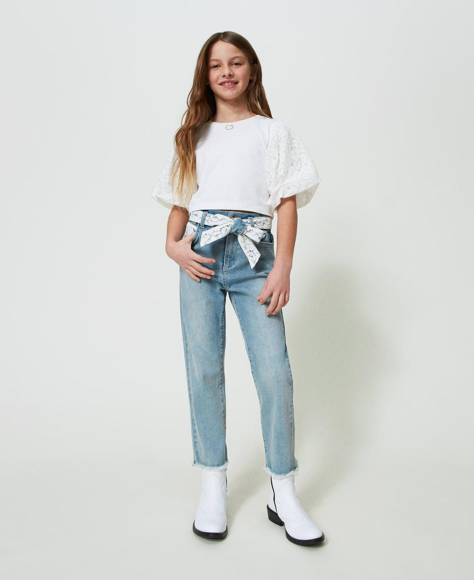 Jeans with lace belt Light Blue Denim Girl 241GJ2053-01