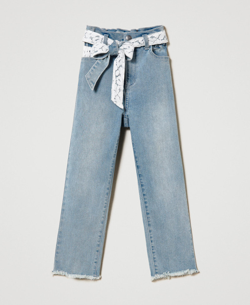 Jeans mit Spitzengürtel Hellblauer Denim Mädchen 241GJ2053-0S