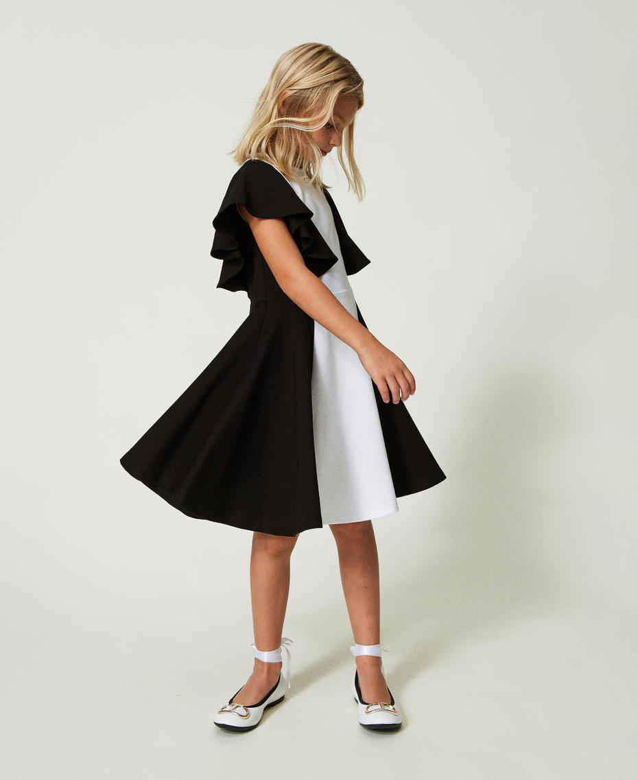 Short dress with ruffled sleeves Two-tone Black / "Lucent" White Girl 241GJ2070-01